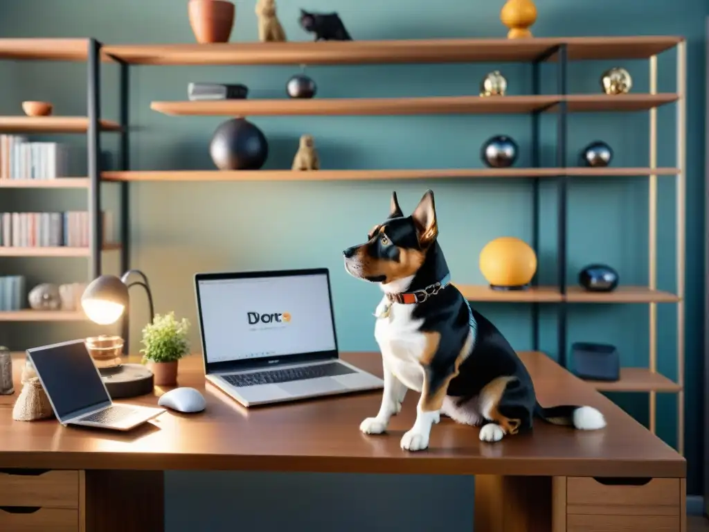 Entrenamiento de mascotas en casa: Aprendiendo con tu mejor amigo Persona en escritorio con laptop rodeada de herramientas de entrenamiento para mascotas, con perro atento