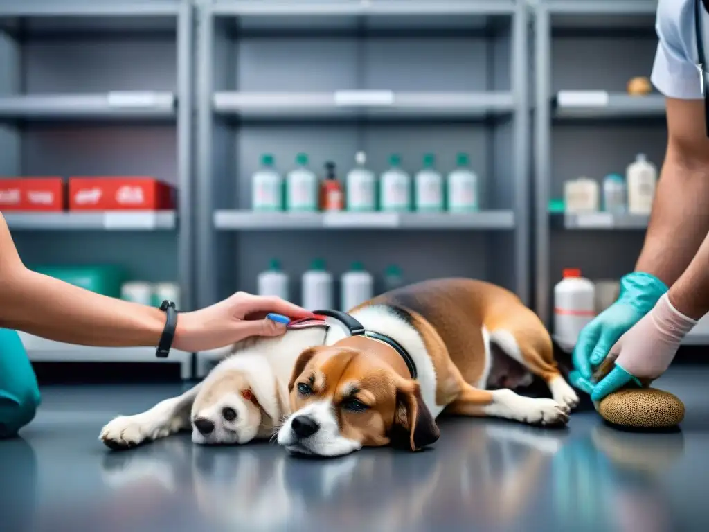 Rescate canino: CPR preciso y profesional en clínica veterinaria Persona realizando RCP a perro rodeada de atentos espectadores en clínica veterinaria