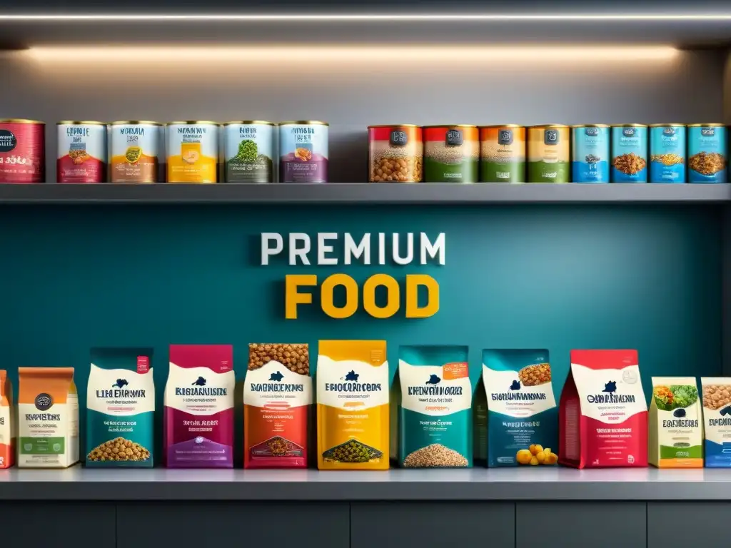 Comparativa detallada de comida premium para perros en elegante cocina Una presentación detallada de superalimentos dieta premium para perros en un elegante y moderno entorno de cocina