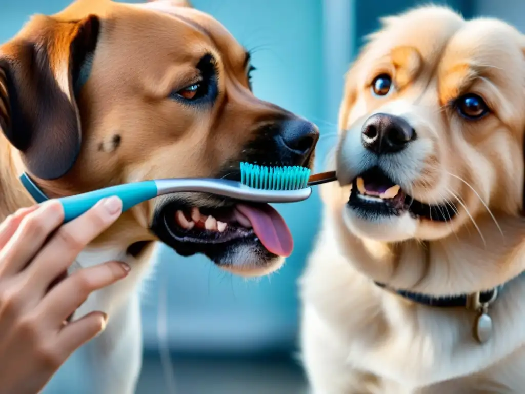 Veterinario cuidando los dientes de un perro: rutina dental profesional Prevención del dolor crónico en mascotas: Veterinario cepillando los dientes de un perro tranquilo en la clínica