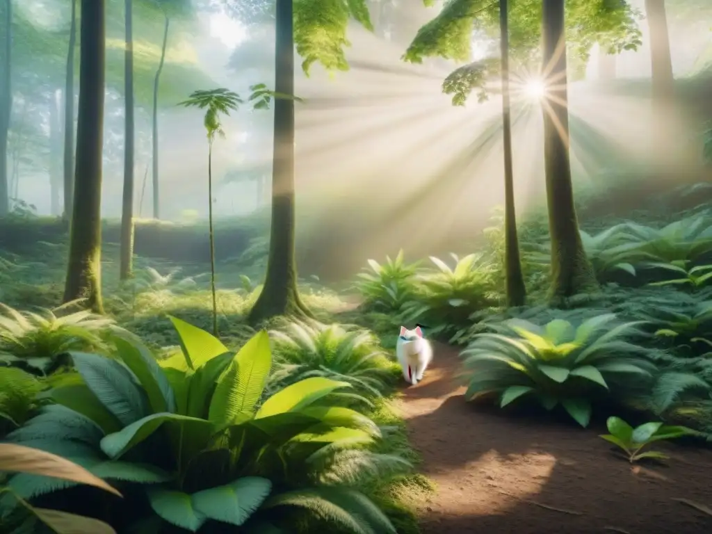 Productos ecofriendly para mascotas en un bosque vibrante y armonioso, destacando la conexión con la naturaleza