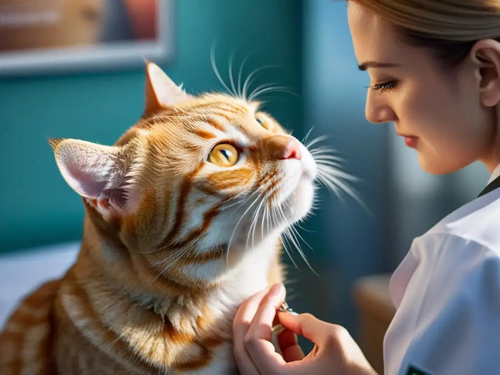 Vacuna contra la leucemia: veterinario cuidando a gato tranquilo Profesional veterinario vacunando a gato rayado con calma, destacando prevención leucemia felina tratamiento