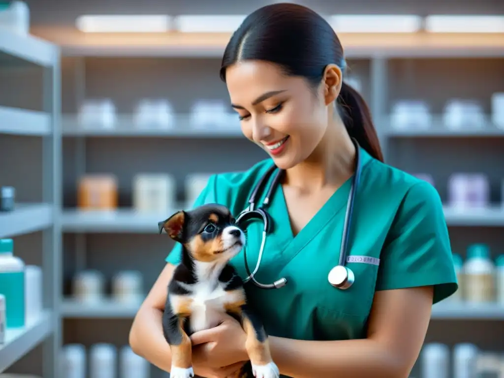 Veterinario examinando a cachorro con cariño en clínica moderna Compasión y profesionalismo en una clínica veterinaria moderna