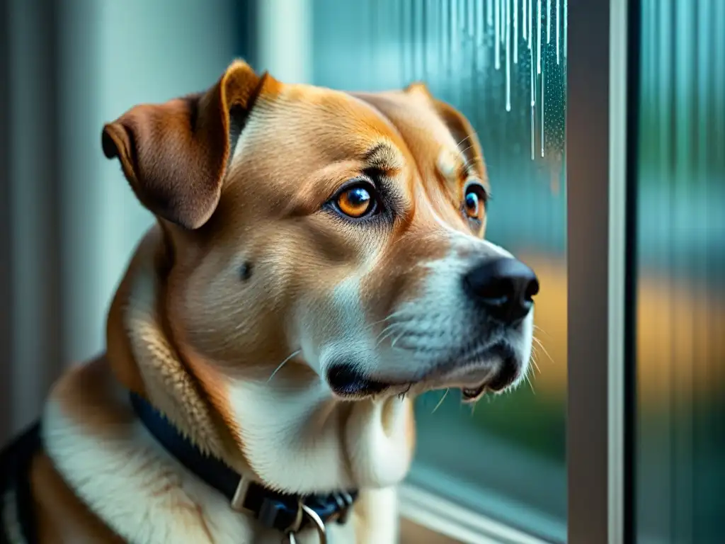 Mirada melancólica: perro solo bajo la lluvia Profunda ansiedad: los ojos de un perro solitario mirando por la ventana lluviosa, reflejando emotividad y distress