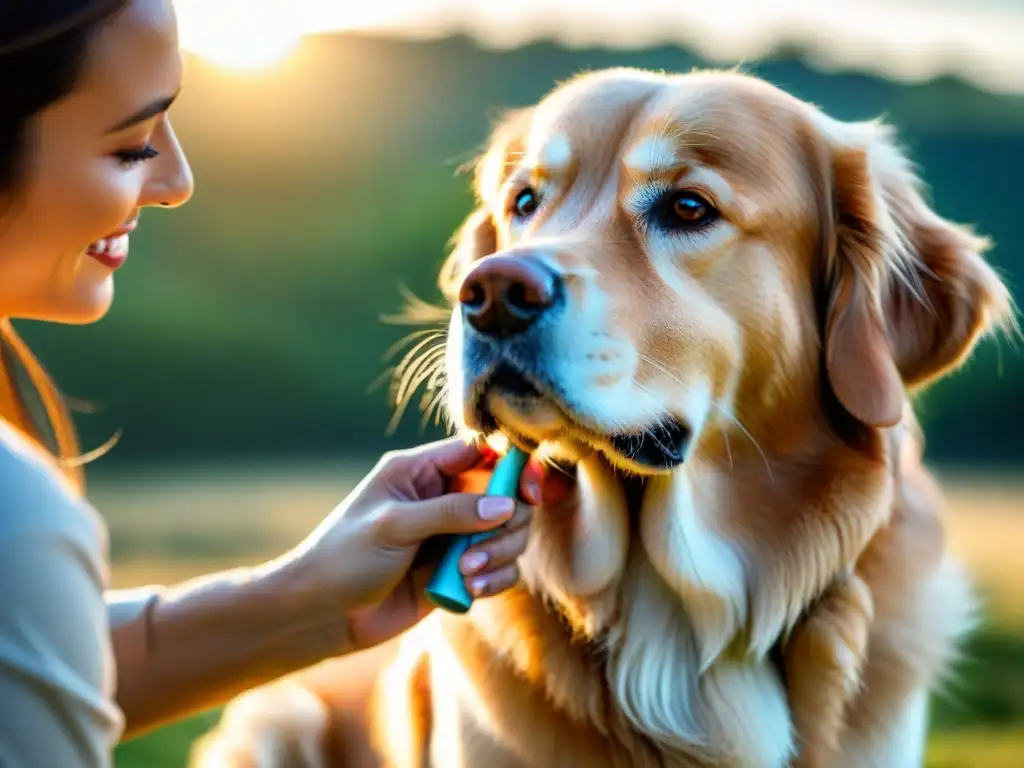 Veterinario aplica protector solar a nariz de golden retriever feliz bajo el sol, destacando prevención enfermedades piel perros gatos