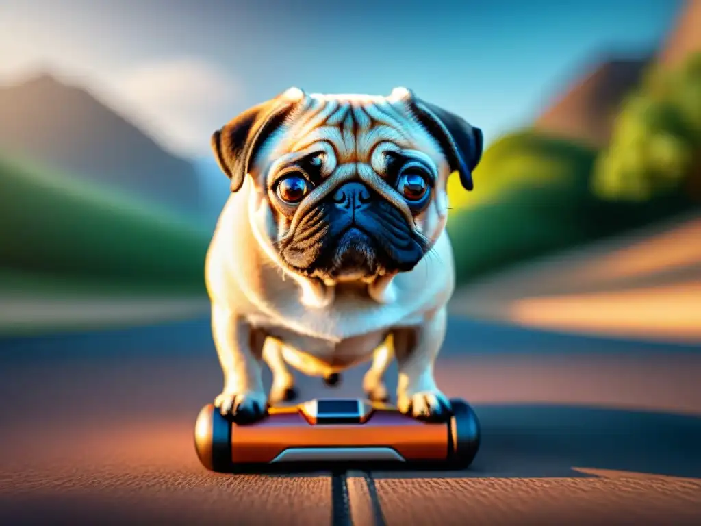 Un pug curioso interactúa con un juguete tecnológico, ilustrando los riesgos y beneficios de estos gadgets para mascotas