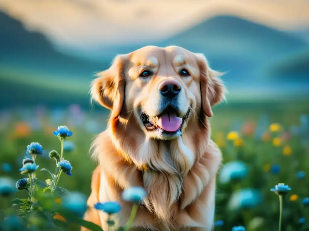 Golden retriever feliz en campo florido con ingredientes naturales Un radiante golden retriever rodeado de alimentos sin cereales para perros en un prado colorido bajo un cielo azul claro