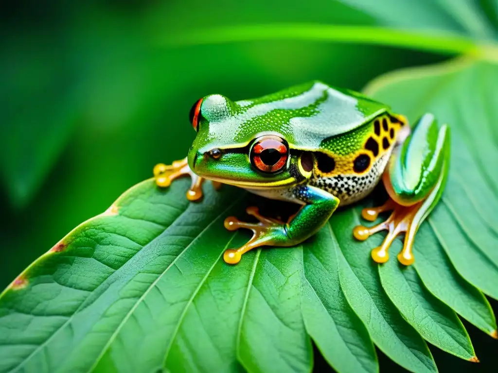Rana verde en hoja: patrones y texturas en la selva Una rana verde vibrante en una hoja, con gotas de agua brillando en la luz suave de la selva tropical