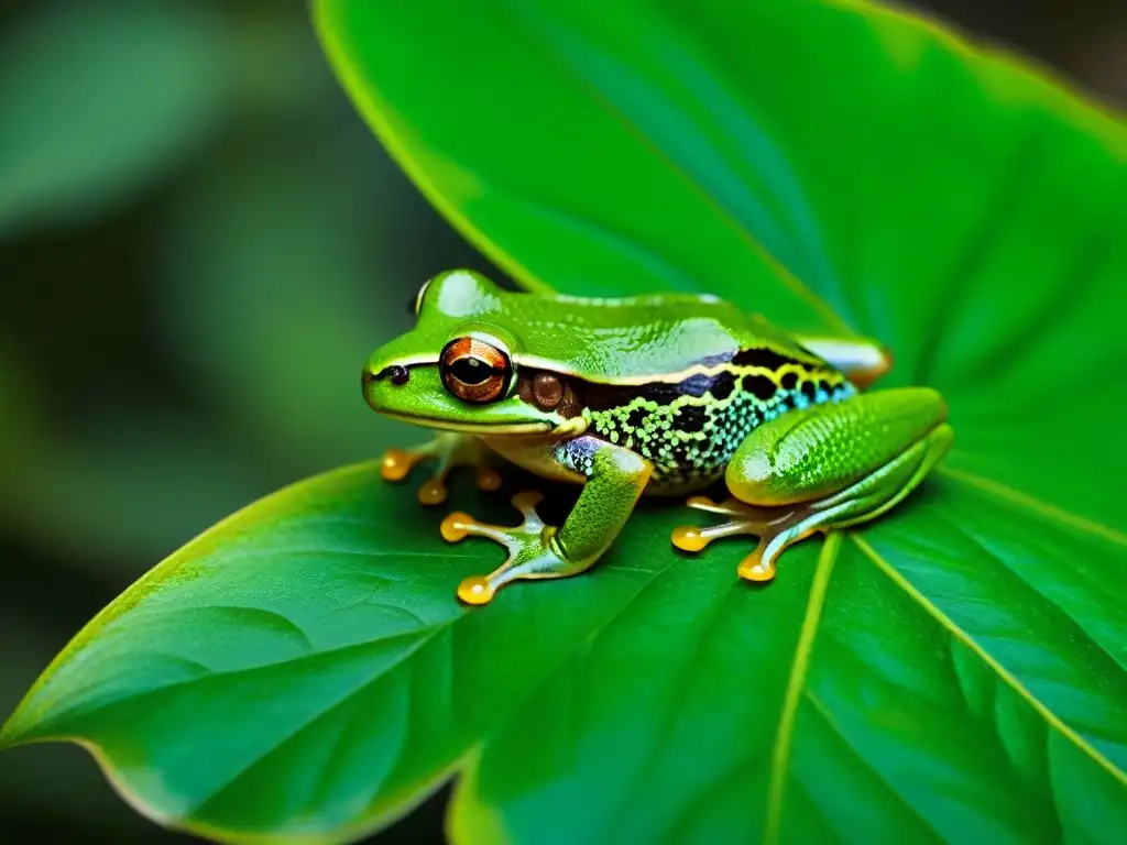 Rana de árbol verde en hábitat tropical Una rana verde vibrante descansa delicadamente en una hoja en hábitat tropical
