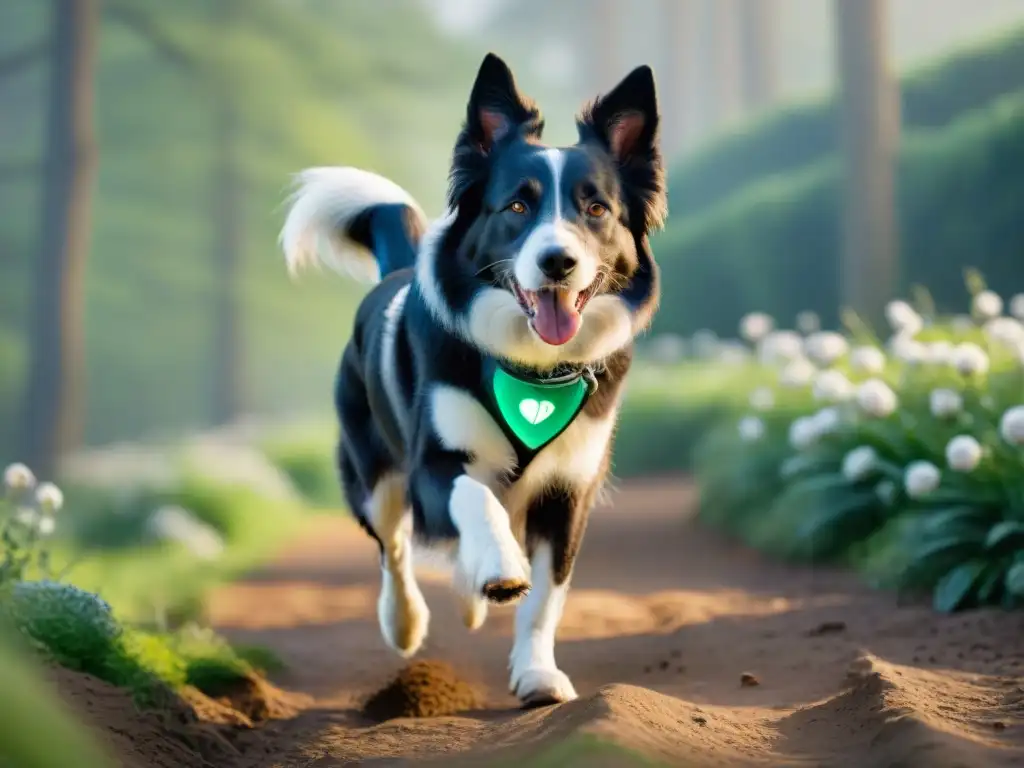 Rastreador de actividad para perros en acción Un rastreador de actividad para perros de alta tecnología en un border collie juguetón en un parque verde