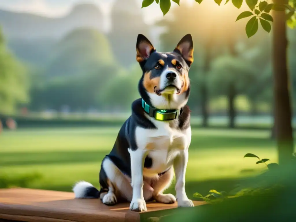 Rastreador GPS para perros: tecnología de vanguardia para mascotas activas Un rastreador de actividad para perros moderno y elegante en un parque verde vibrante, simbolizando un estilo de vida activo y saludable para mascotas