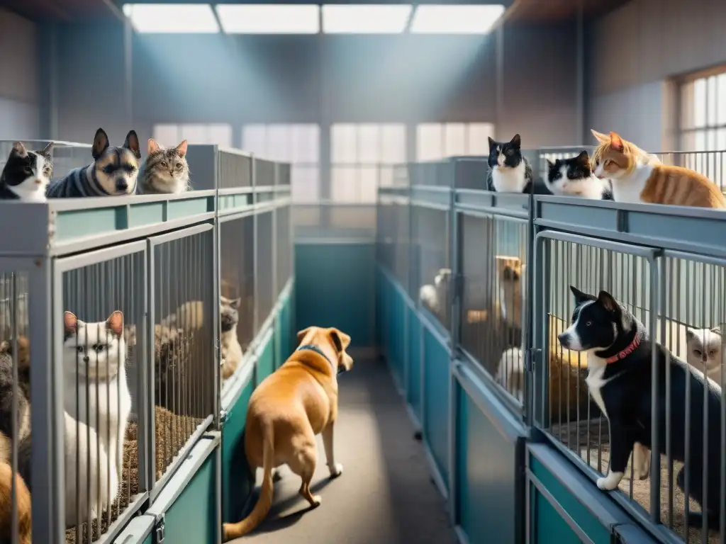 Refugio abrumador: crisis de sobrepoblación animal Un refugio abarrotado de mascotas tristes en jaulas, transmitiendo la urgencia de 'Sobrepoblación de mascotas: soluciones efectivas'