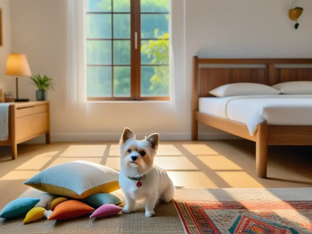 Alojamiento pet-friendly: paraíso acogedor para mascotas Un refugio acogedor para mascotas seguras en alojamientos, con cama blanca esponjosa, perro juguetón y jardín soleado lleno de vida
