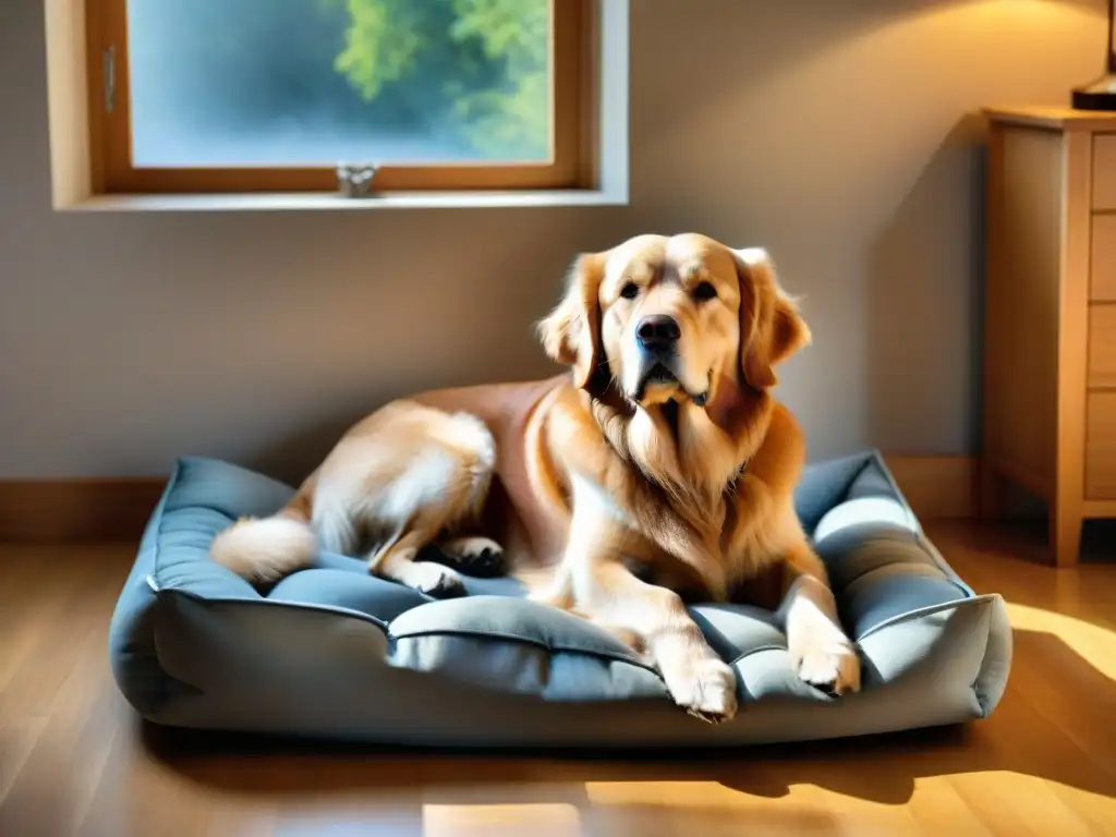 Retrato conmovedor: Golden retriever mayor en paz y amor Un retrato conmovedor de un sabio golden retriever mayor descansando en su cama, rodeado de luz solar