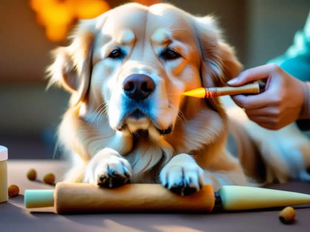 Moxibustión para perros: terapia milenaria de bienestar Un retrato detallado de un Golden Retriever acostado en la mesa de un veterinario, con conos de moxibustión brillantes a lo largo de su columna