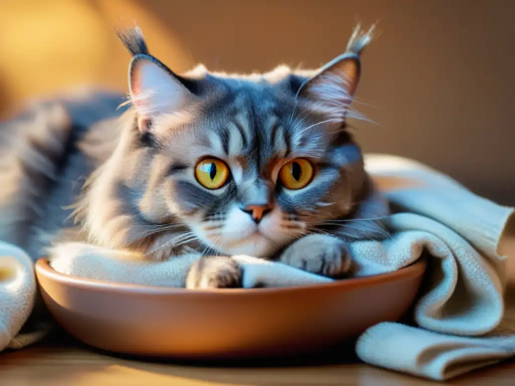 Retrato íntimo de un gato anciano en serena contemplación Retrato detallado de un gato mayor estirándose con gracia, mostrando su rostro anciano y pelaje plateado bajo el sol
