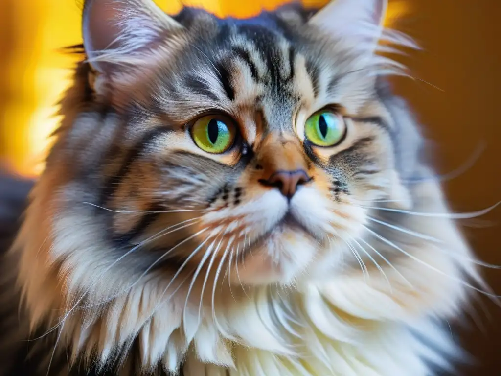 Retrato detallado de un gato siberiano hipoalergénico con pelaje lujoso, ojos verdes y gotas de agua en su pelaje, ideal para alérgicos