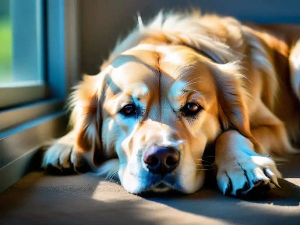 Retrato conmovedor: Sabiduría y tranquilidad en perro mayor Retrato detallado de un golden retriever mayor durmiendo bajo la luz del sol, transmitiendo la calma de los cuidados geriátricos en mascotas en sus años dorados