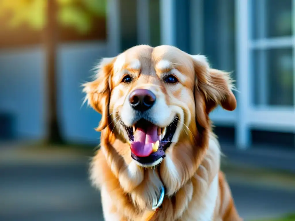 Sonrisa radiante: importancia de cuidado dental para mascotas Un retrato detallado de un golden retriever sonriente con dientes brillantes y saludables, destacando la importancia del seguro dental para mascotas