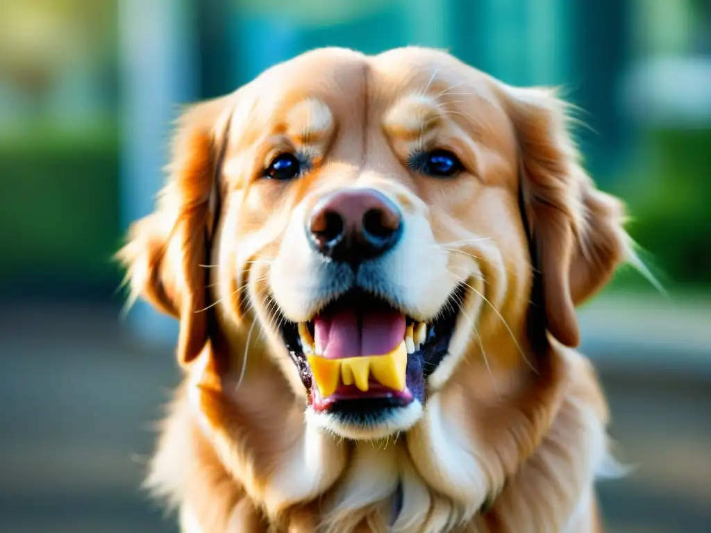 Sonrisa canina radiante: cuidado dental para mascotas Un retrato detallado de un golden retriever sonriente con dientes sanos y brillantes, destacando la importancia del seguro dental para mascotas