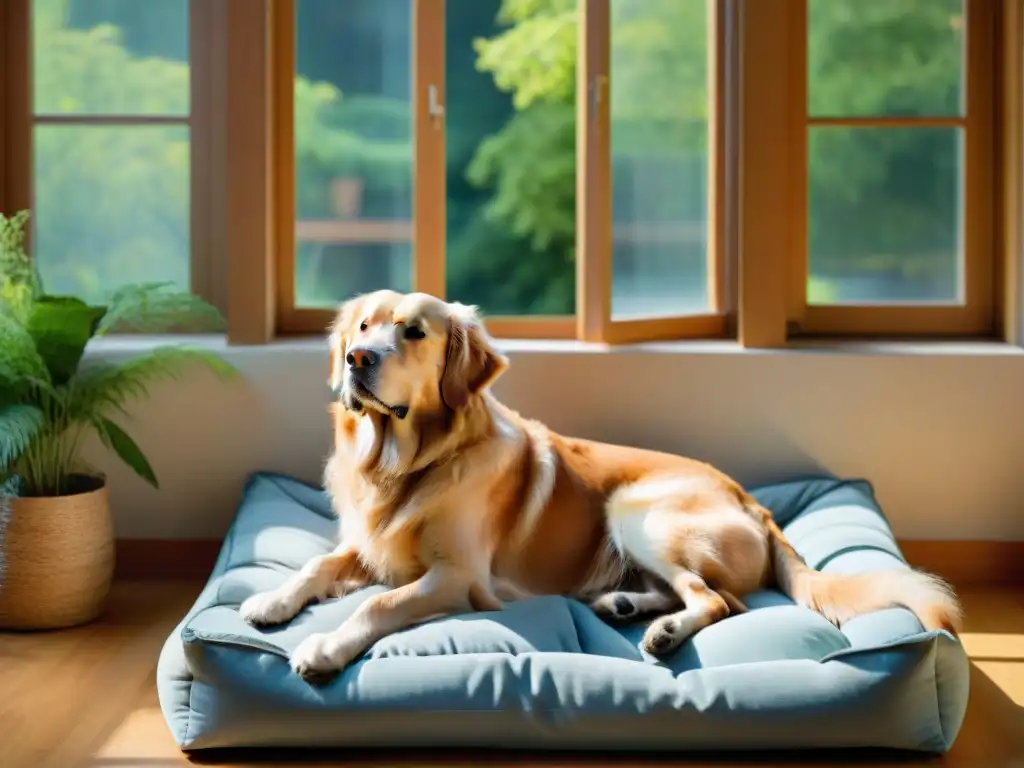 Tranquilidad dorada: cuidado geriátrico para mascotas Un retrato emotivo de un perro mayor descansando en una cama junto a una ventana, con luz suave y equipo médico al fondo