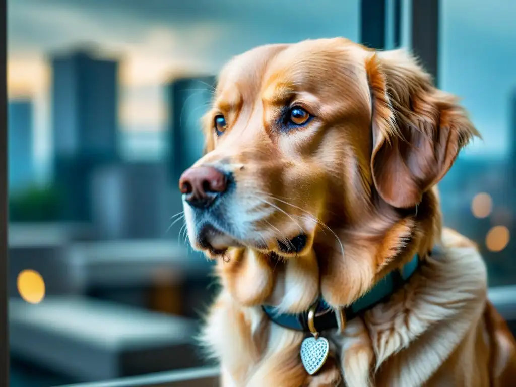 Retrato conmovedor: Golden Retriever mirando la lluvia Un retrato íntimo de un golden retriever melancólico mirando por la ventana lluviosa, evocando ansiedad por separación en mascotas