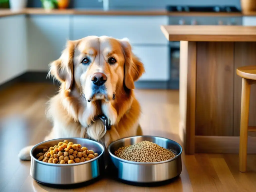 Decisión canina: comida casera vs Un retriever dorado ansioso por elegir entre comida casera y preparada para mascotas