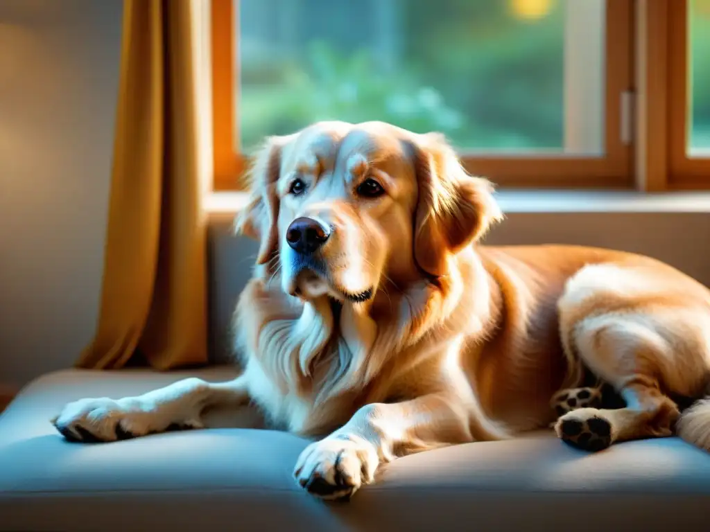 Plácida mascota dorada en cama: bienestar canino en hogar acogedor Un retriever dorado contento descansa en una cama, bañado por luz cálida