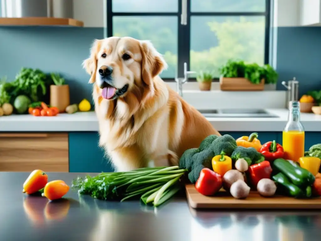Golden Retriever explorando alimentos frescos en la cocina Un retriever dorado curioso husmeando alimentos vegetarianos seguros en una cocina colorida