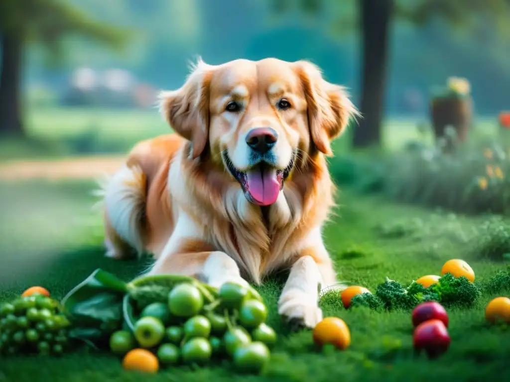Un retriever dorado jugando con frutas y verduras en un prado, transmitiendo la idea de 'Estabilizadores comida mascotas necesarios'