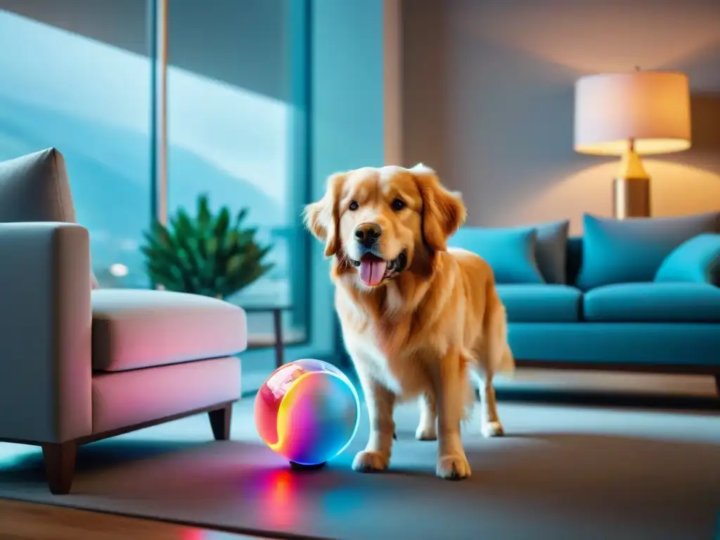 Perro dorado disfruta de juguete robótico en sala moderna Un retriever dorado interactúa alegremente con un juguete tecnológico futurista en un salón moderno, iluminado por luz natural