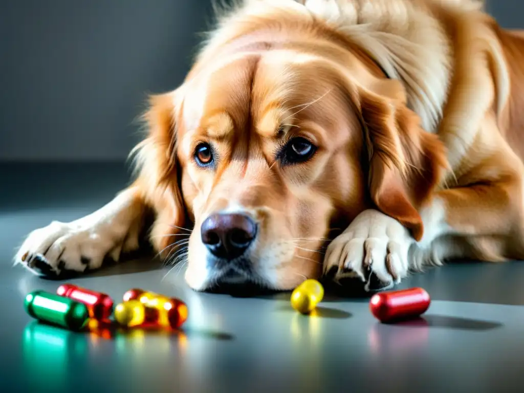 Golden Retriever listo con suplementos para rendimiento Un retriever dorado musculoso enfocado en vitaminas y minerales para mascotas deportistas, transmitiendo determinación y vitalidad