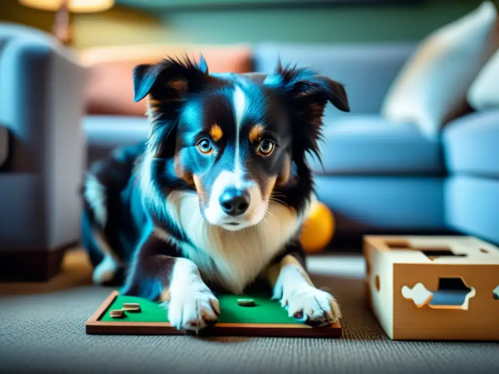 Border Collie resolviendo rompecabezas: determinación y destreza canina Border Collie resolviendo un rompecabezas, muestra determinación e inteligencia en ejercicios de estimulación mental para perros
