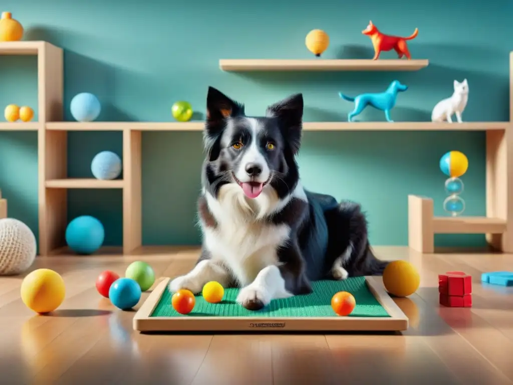 Un Border Collie resolviendo un rompecabezas, rodeado de juegos interactivos