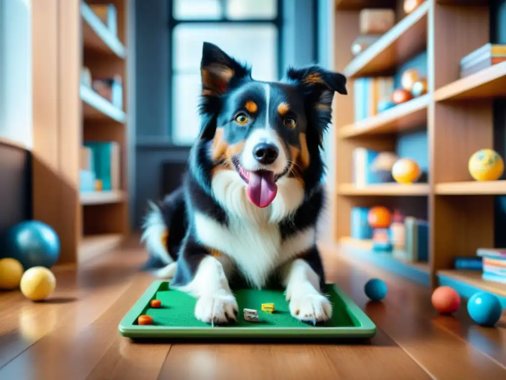 Border Collie resolviendo un rompecabezas con determinación Border Collie resolviendo rompecabezas rodeado de juguetes, ejercicios estimulación mental perros
