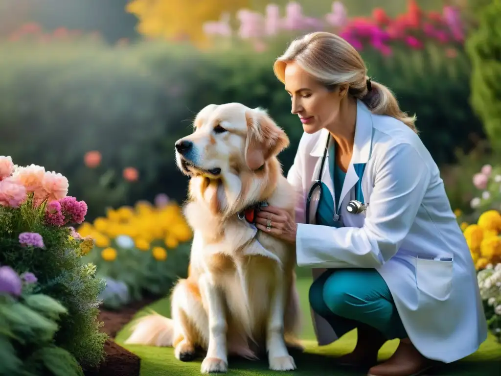 Compasión y sabiduría: Retriever dorado en jardín soleado Un sabio y apacible golden retriever mayor, rodeado de flores en un jardín soleado, simbolizando cuidados geriátricos mascotas años dorados