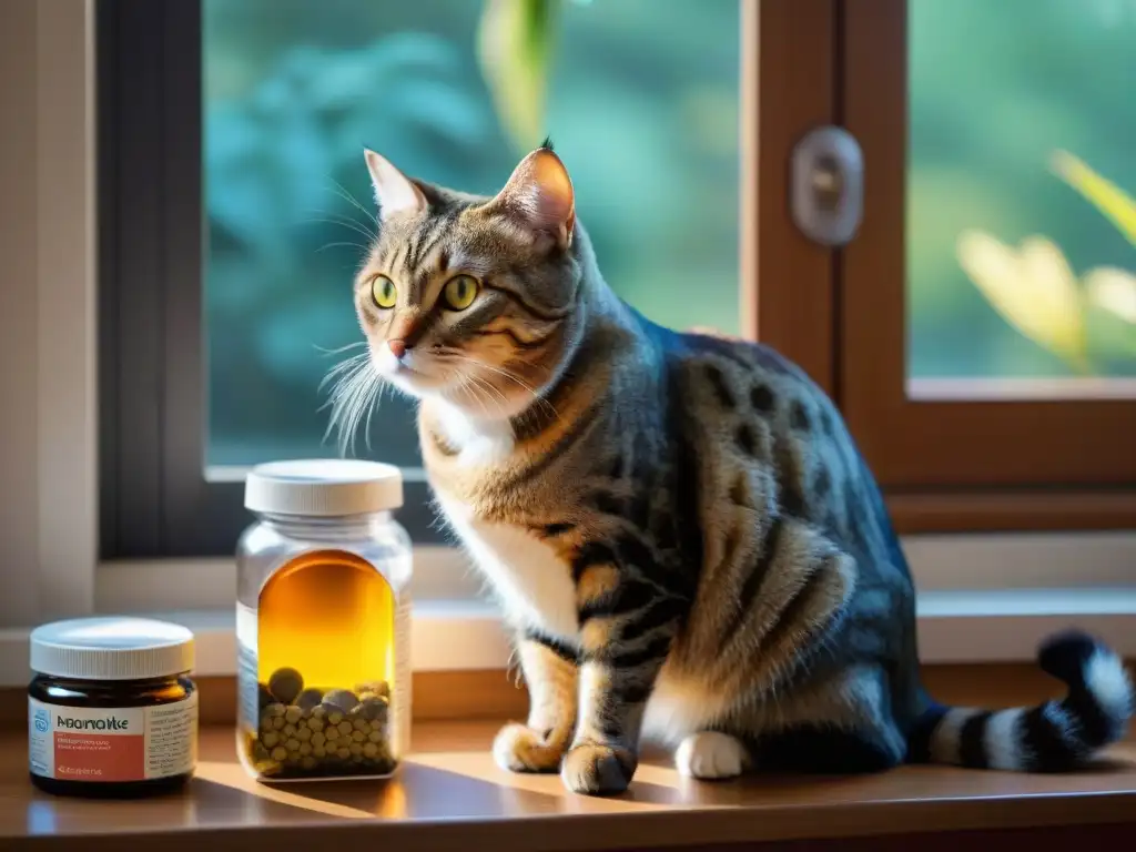 Retrato conmovedor: Cuidados para gato mayor Un sabio gato mayor se acicala bajo un cálido rayo de sol, rodeado de suplementos nutricionales para gatos seniors