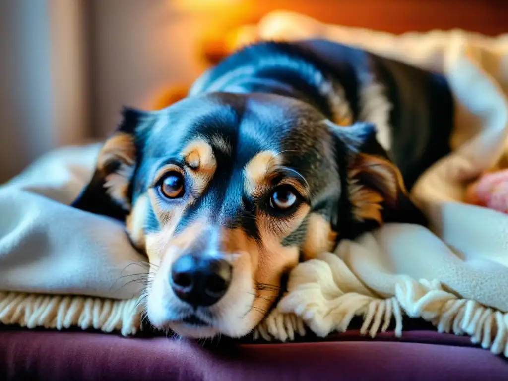 Cuidado amoroso para perros mayores: serenidad en un vistazo Un sabio perro mayor descansando plácidamente en su cama, rodeado de mantas y juguetes, con una mirada tranquila