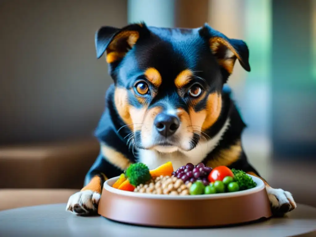 Alimentación balanceada para perros mayores: Detalles vibrantes y texturas naturales en comida saludable Un sabroso y balanceado almuerzo para un perro mayor, prevención enfermedades comunes mascotas senior
