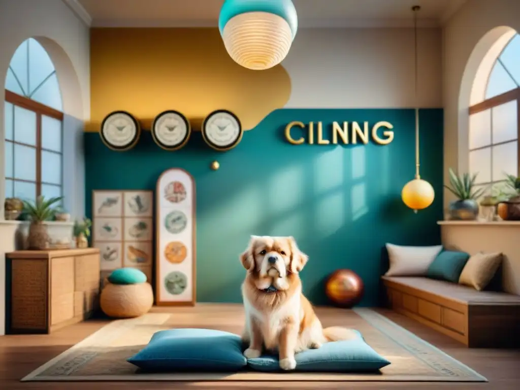 Una sala de clínica serena con mascotas y decoración astrológica, creando bienestar para animales