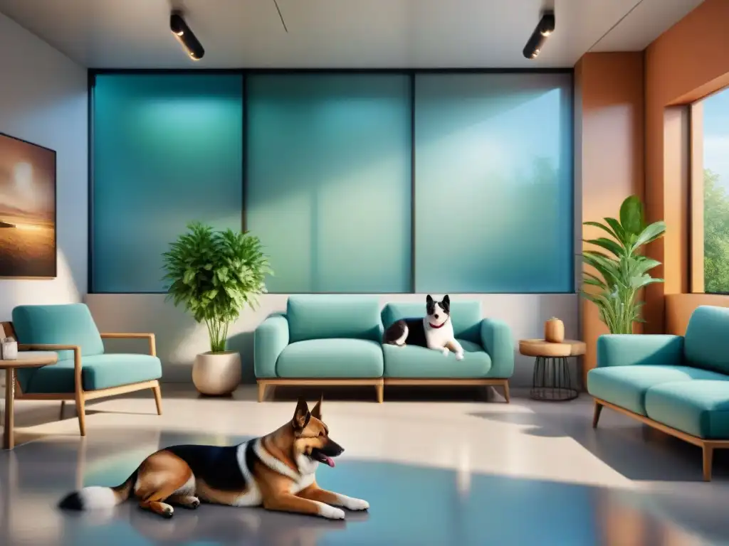 Sala de espera veterinaria: dueños y mascotas en armonía Sala de espera veterinaria tranquila con dueños de mascotas y sus perros y gatos, iluminada con luz natural y colores relajantes