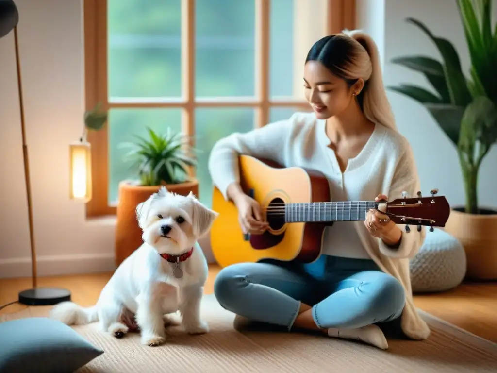 Armonía musical con perro Maltese en sala serena Una sala serena con una terapia de música para animales domésticos: un Maltese blanco junto a su dueño, tocando la guitarra
