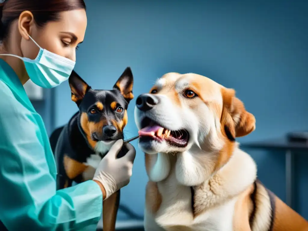Examen dental canino: precisión y cuidado en la clínica veterinaria Veterinario examina con precisión la salud dental del perro en clínica moderna