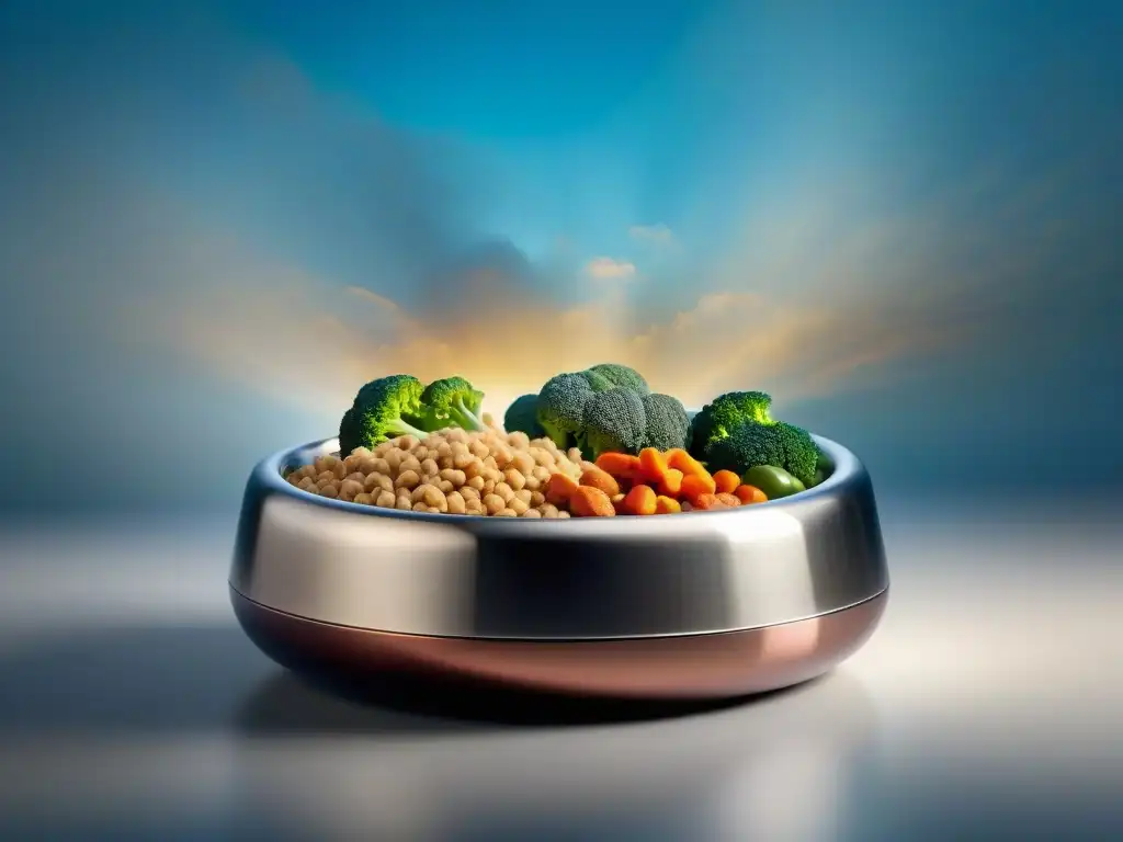 Alimentación saludable para mascotas: Bol de acero inoxidable con comida fresca y colorida, resaltando ingredientes nutritivos y variados