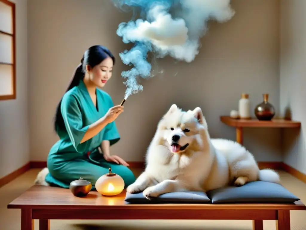 Terapia de Moxibustión para Perros: Tranquilidad y Sanación Un Samoyedo blanco recibe moxibustión en veterinaria para mascotas en una habitación serena y tranquilizadora