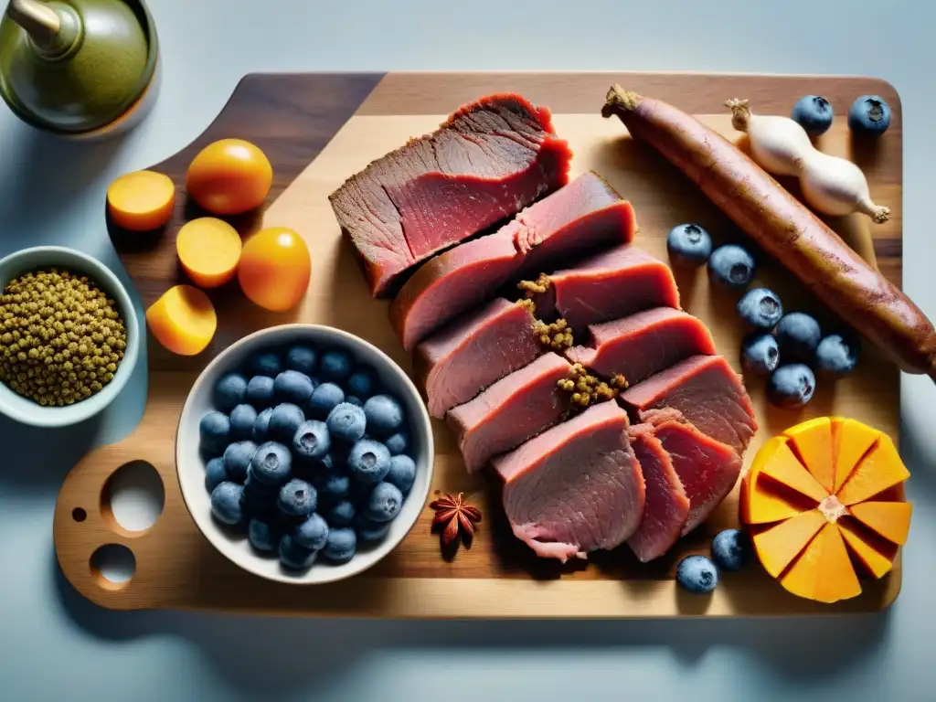 Exóticas carnes para perros: sabores premium en detalle Una selección de carnes exóticas para perros, como canguro, venado y bisonte, con ingredientes frescos