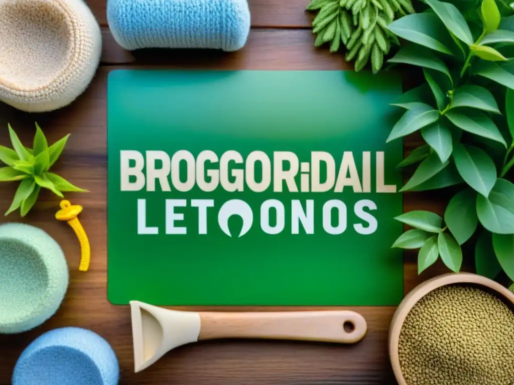 Una selección de productos ecofriendly para mascotas en una mesa de madera rústica, rodeados de vegetación exuberante