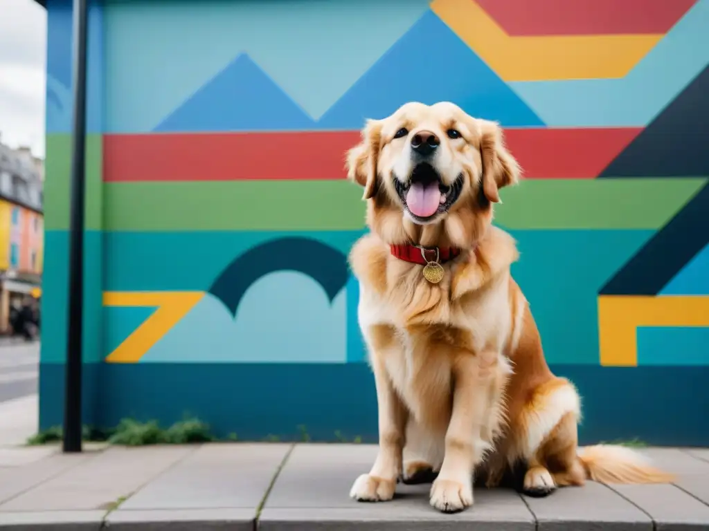Retriever sonriente en mural urbano colorido Un golden retriever sonriente con collar rojo en vecindario urbano colorido