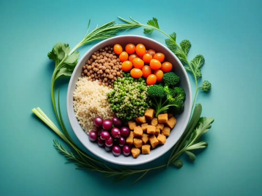 Deliciosa comida gourmet para perros: pollo, quinoa y vegetales frescos Un tazón de comida gourmet para perros saludables con ingredientes frescos y coloridos como pollo magro, quinua, verduras mixtas y hierbas frescas