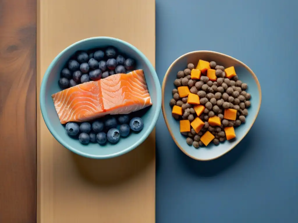 Dos tazones de comida para perros: uno gourmet con ingredientes frescos y coloridos, y otro convencional y poco atractivo